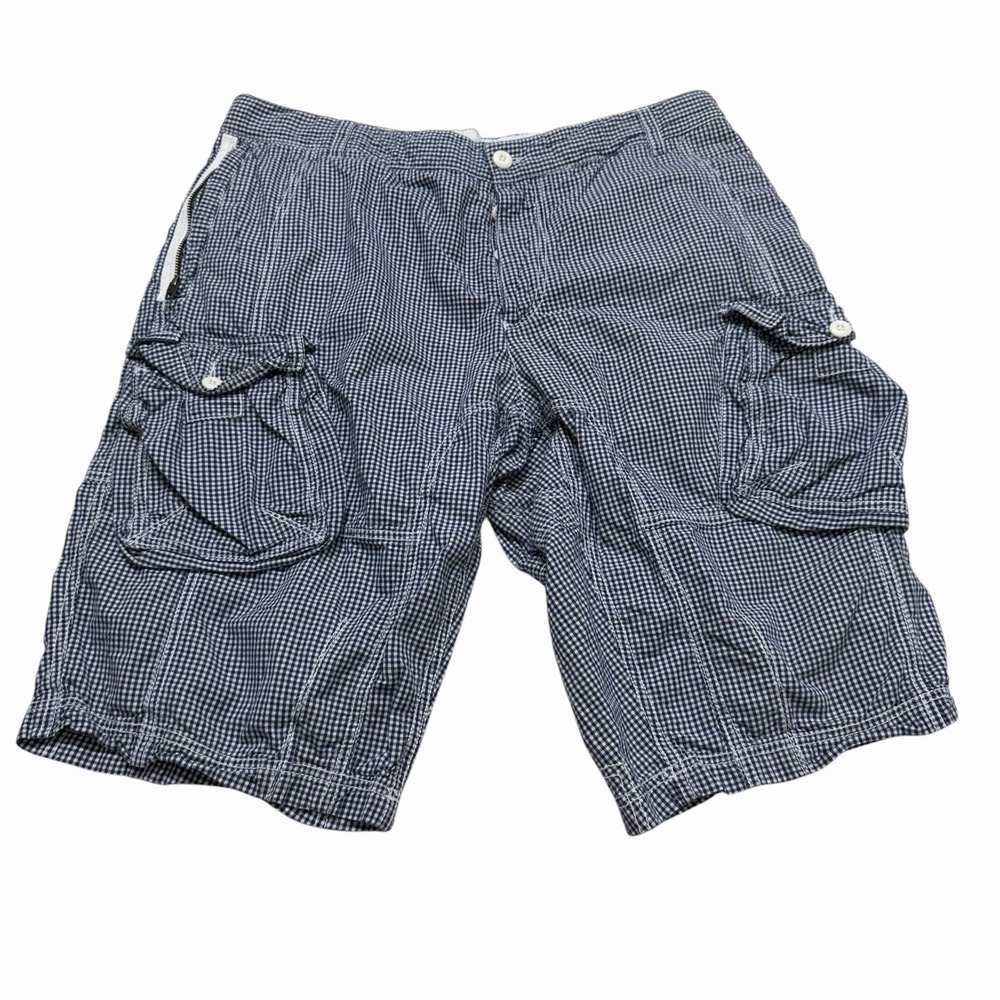 French Connection Cargo Shorts Mens 34 Blue White Gingham Check Cotton Pockets